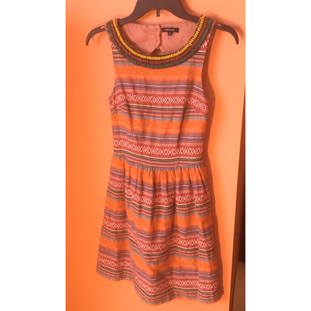 Patterned Dress w/ Beaded Neckline